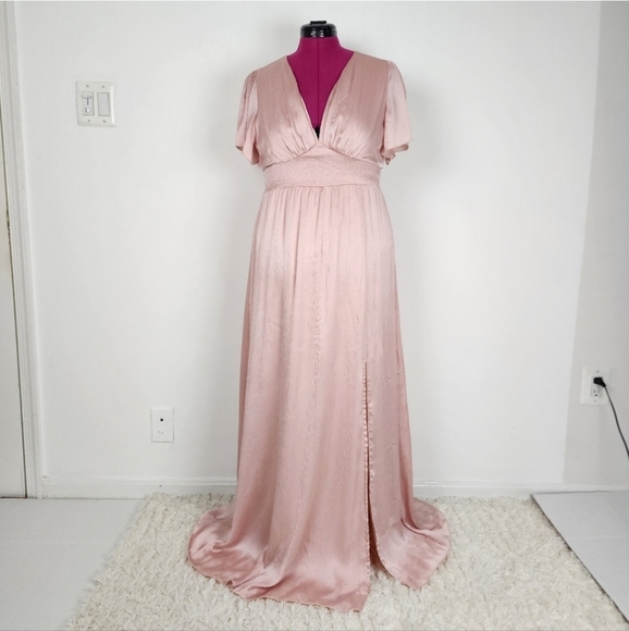 Baltic Born Dress Rose Prague Satin Maxi Deep V Neck Smocked Waist Size L - Picture 16 of 16